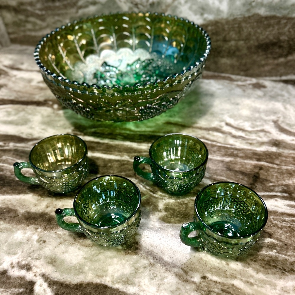 Elegant Green Glass Bowl and Cup Set